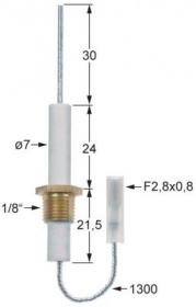 Zapalovací elektroda L1 30mm 1/8″ přípojka F2,8x0,8 délka kabelu 1300mm D1 ø 7mm