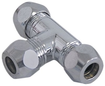T-díl závit 3/8″ ø trubky 8mm pochromovaná mosaz