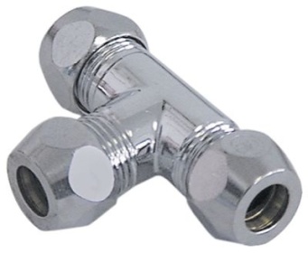 T-díl závit 3/8″ ø trubky 10mm pochromovaná mosaz