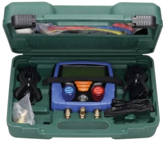Montážní pomůcka R22/R134a/R404a/R407c/R502/R410a digital 4 x baterie 1,5 V AA psi/bar/MPa/kPa/inHg