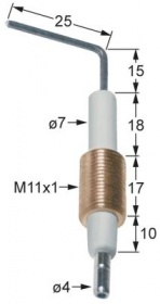 Zapalovací elektroda L1 15mm L2 25mm D1 ø 7mm BL1 18mm BL2 17mm BL3 10mm rozměry úchytu M11x1mm
