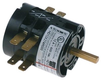 Otočný vypínač 12A ø hřídele 5x5mm L hřídele 22mm přípojka Faston samec 6,3 mm 600V 0-1-2-3 polohy 4