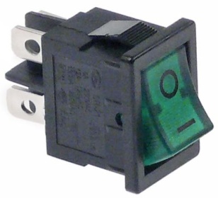 Kolébkový přepínač montážní rozměry 19x13mm zelený 2NO 250V přípojka Faston samec 4,8 mm 0-I 13A