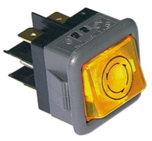 Kolébkový přepínač montážní rozměry 27,8x25mm oranžový 2CO 250V přípojka Faston samec 6,3 mm