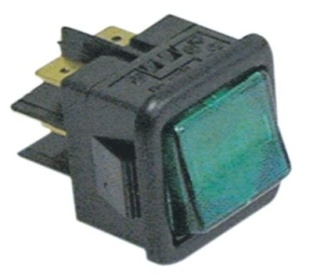 Kolébkový přepínač montážní rozměry 27,8x25mm zelený 2NO 250V přípojka Faston samec 6,3 mm  -