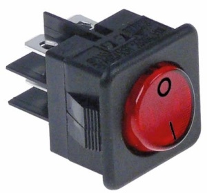 Kolébkový přepínač montážní rozměry 25,5x25mm červený 2NO 250V přípojka Faston samec 6,3 mm 0-I