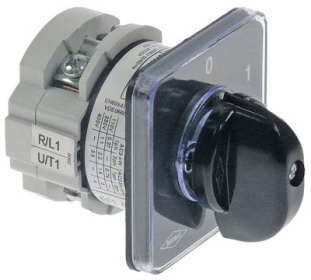 Otočný vypínač 12A ø hřídele 5x5mm L hřídele 23mm přípojka šroub 380V 0-1 polohy 2 sady kontaktů 2