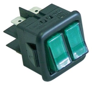 Kolébkový přepínač montážní rozměry 27,8x25mm zelený 1NO/NO 250V přípojka Faston samec 6,3 mm  -