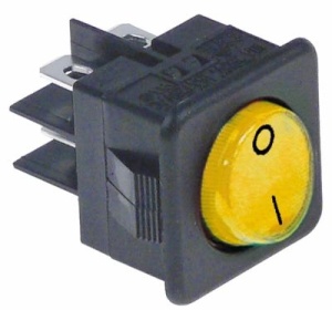 Kolébkový přepínač montážní rozměry 25,5x25mm žlutý 2NO 250V přípojka Faston samec 6,3 mm 0-I