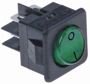 Kolébkový přepínač montážní rozměry 25,5x25mm zelený 2NO 250V přípojka Faston samec 6,3 mm 0-I