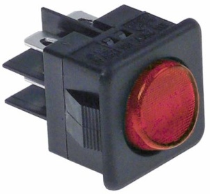 Kolébkový přepínač montážní rozměry 25,5x25mm červený 2CO 250V přípojka Faston samec 6,3 mm  -