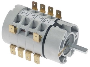 Otočný vypínač 12A ø hřídele 6mm L hřídele 22mm přípojka Faston samec 6,3 mm 600V 0-1-2-3-4