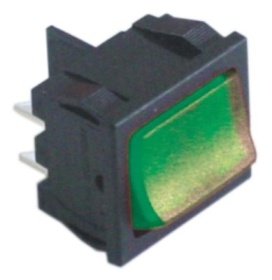 Kolébkový přepínač montážní rozměry 19x22mm zelený 2NO 250V přípojka Faston samec 4,8 mm