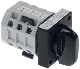 Otočný vypínač 12A ø hřídele 4,9x4,9mm L hřídele 18mm přípojka šroub 690V 1-0-2 přepínač