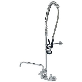 "Pre-Rinse Faucet, 6"" Wall Mount, Ceramic " "Cartridges, Euro Handles, ADF w/ 12"" Swing Nozzl